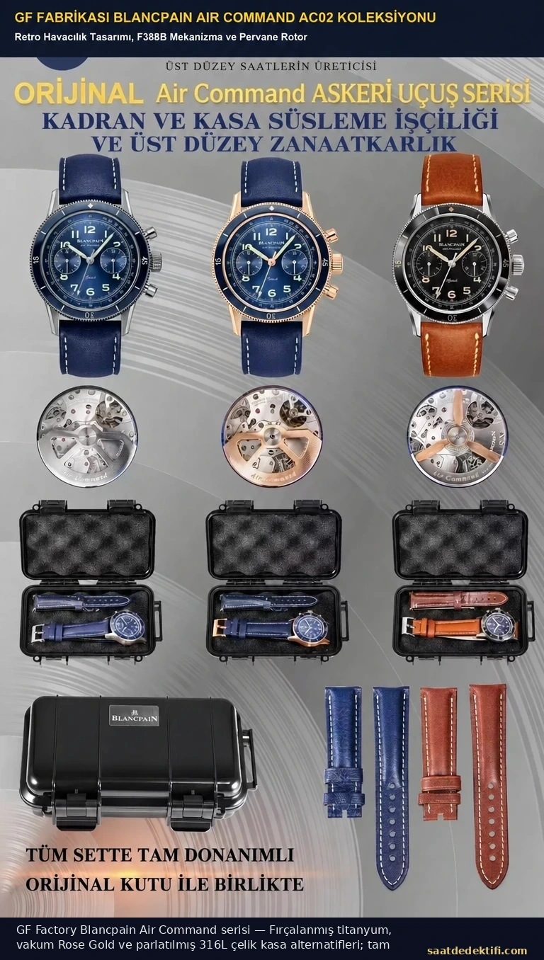 GF Factory Blancpain Air Command AC02 super clone koleksiyonu; titanyum, rose gold ve çelik kasa seçenekleri