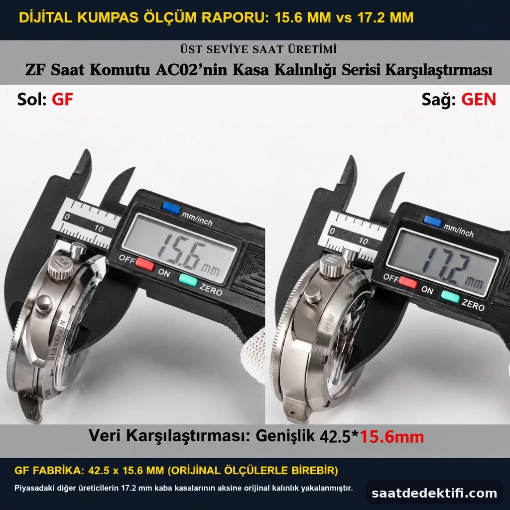 GF Factory Blancpain Air Command kasa kalınlığının dijital kumpasla ölçülmesi