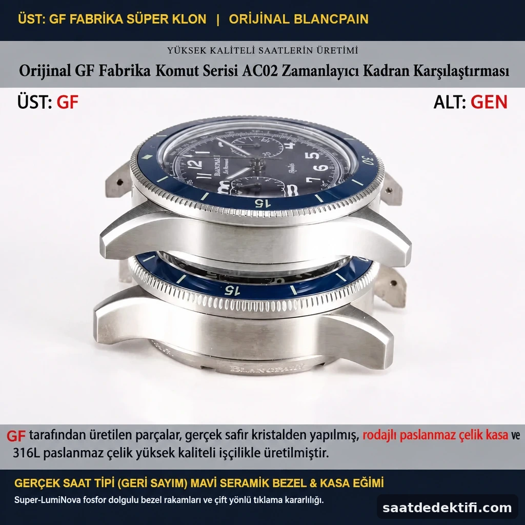 GF Factory ve orijinal Blancpain Air Command seramik bezel ile kasa yan profili karşılaştırması