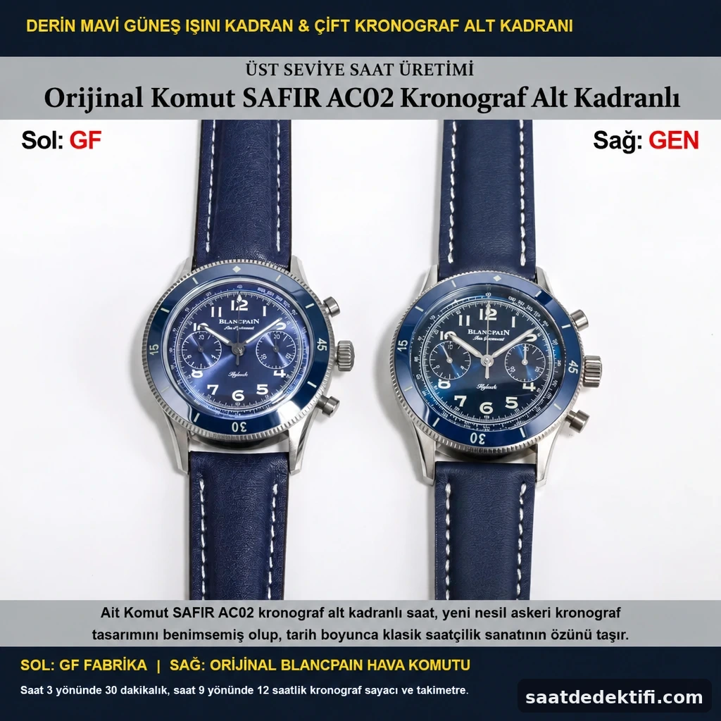 GF Factory ve orijinal Blancpain Air Command kadran, kronograf sayaçları ve takimetre karşılaştırması