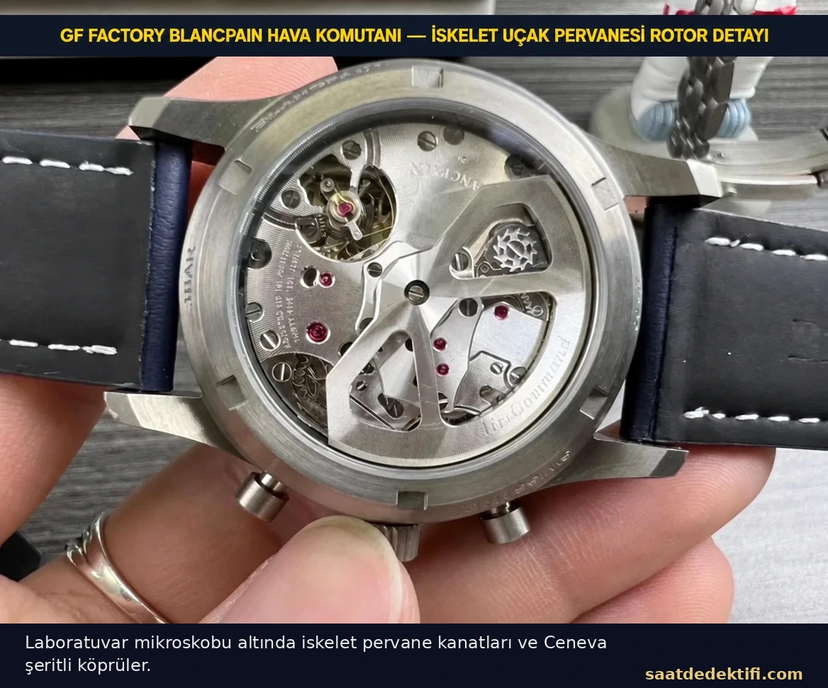 GF Factory Blancpain Air Command pervane rotorun mikroskop altındaki makro görüntüsü
