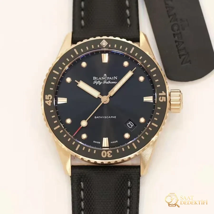 GF Factory Blancpain Fifty Fathoms 5000 altın kaplama siyah kadran saat incelemesi - Kadran Detayı ve Bezel İşçiliği