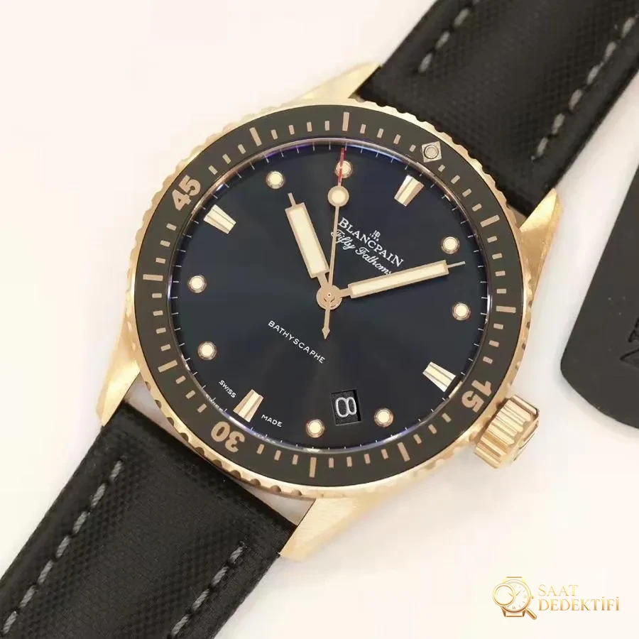 GF Factory Blancpain Fifty Fathoms 5000 altın kaplama siyah kadran saat incelemesi - Kasa Profili ve Kurma Kolu İncelemesi