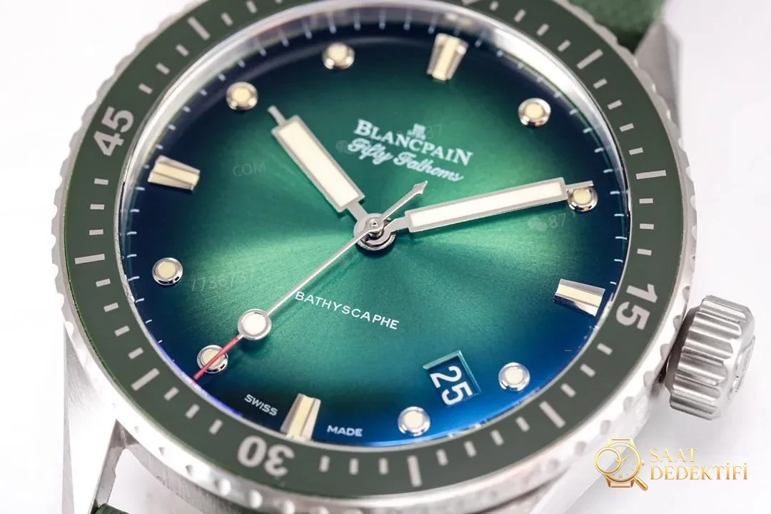 GF Factory Blancpain Fifty Fathoms 5000 Aurora Green çelik kasa limitli üretim incelemesi - Kadran Detayı ve Bezel İşçiliği