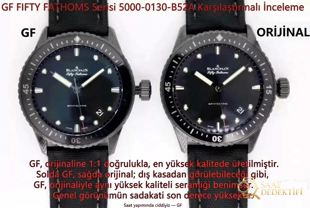 GF Factory Blancpain Fifty Fathoms seramik kasa 5000 serisi 43.6 mm replika saat orijinal karşılaştırmalı incelemesi - Kadran Detayı ve Bezel İşçiliği