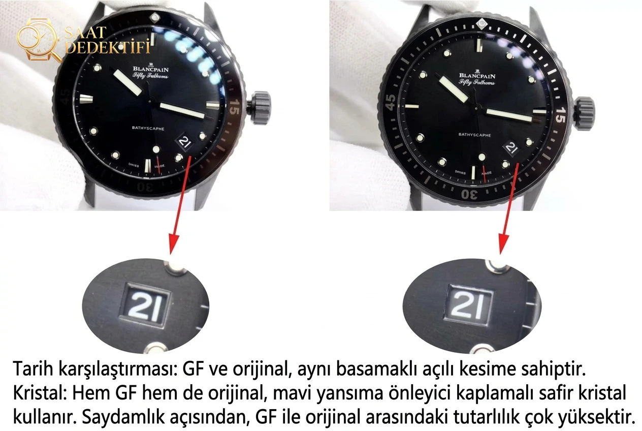 GF Factory Blancpain Fifty Fathoms seramik kasa 5000 serisi 43.6 mm replika saat orijinal karşılaştırmalı incelemesi - Kasa Profili ve Kurma Kolu İncelemesi