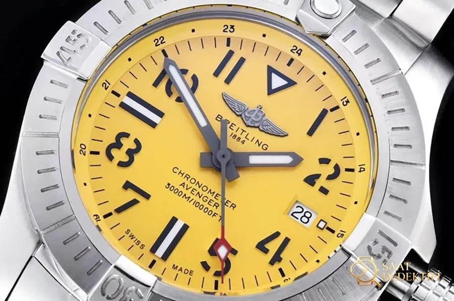 GF Factory Breitling Avenger Seawolf serisi (sarı kadranlı) saat incelemesi - Kasa Profili ve Kurma Kolu İncelemesi