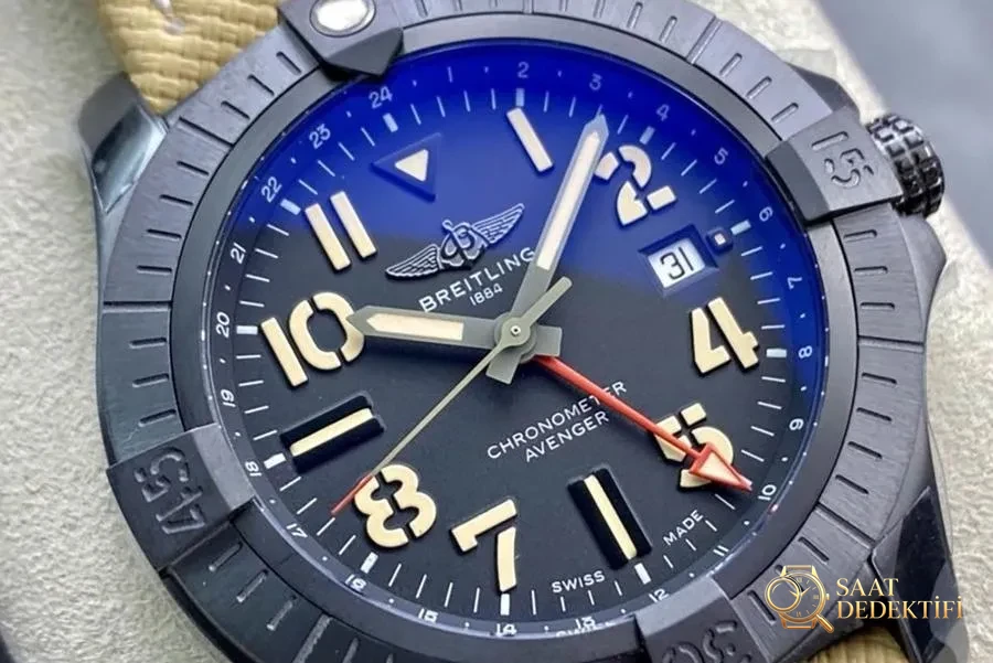 GF Factory Breitling Avenger Serisi Karbon Siyahı Titanyum Night Mission Kol Saati - Kasa Profili ve Kurma Kolu İncelemesi