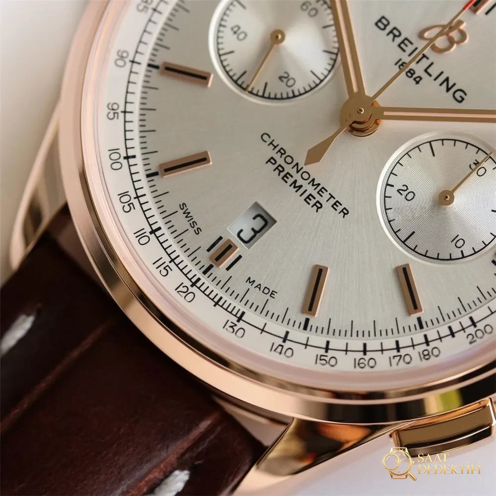 GF Factory Breitling Premier B01 Kırmızı Altın Kronograf Kol Saati (Daniel Wu ile aynı model) BR0118371G1P1 - Bilezik, Toka ve Klips Mekanizması