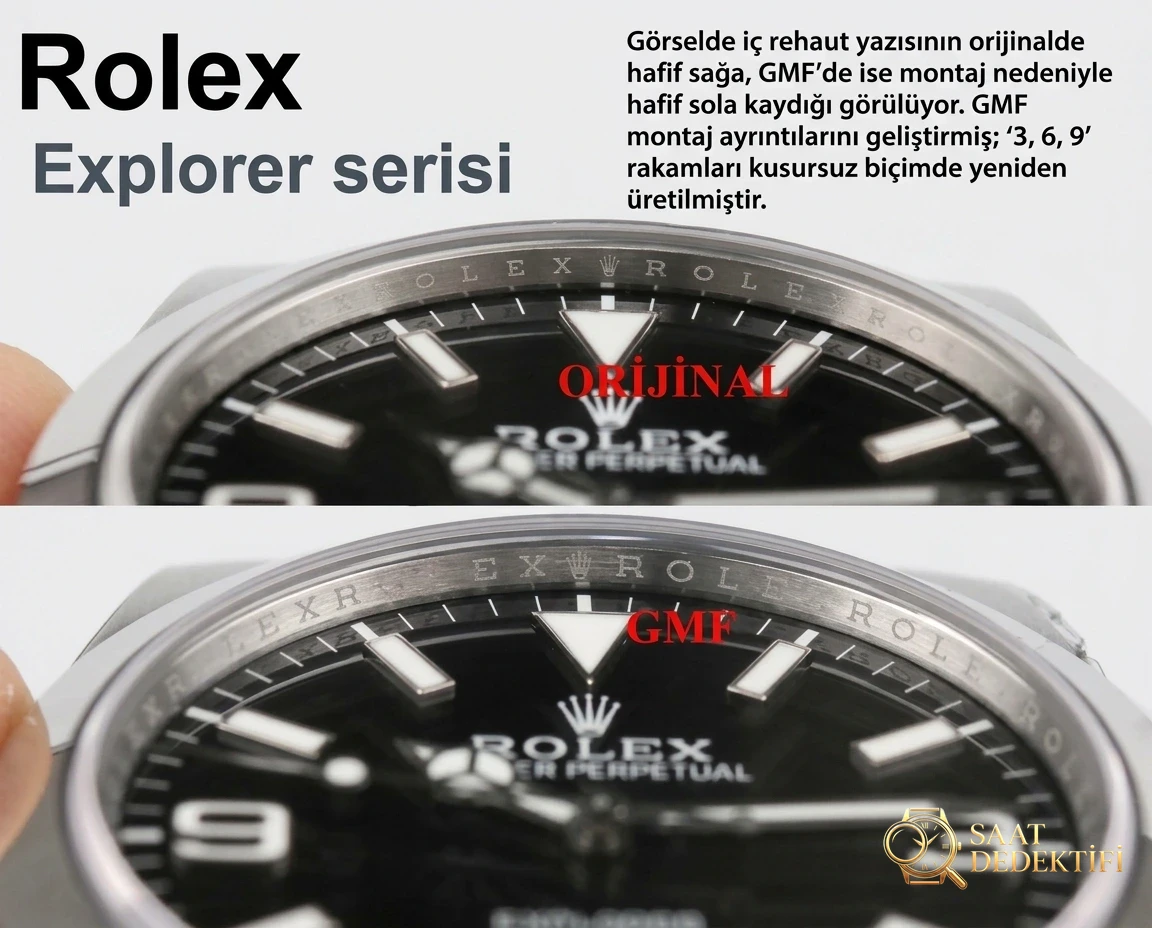 GM Factory Rolex Explorer serisi 39 mm gerçek-replika karşılaştırmalı incelemesi - Kadran Detayı ve Bezel İşçiliği