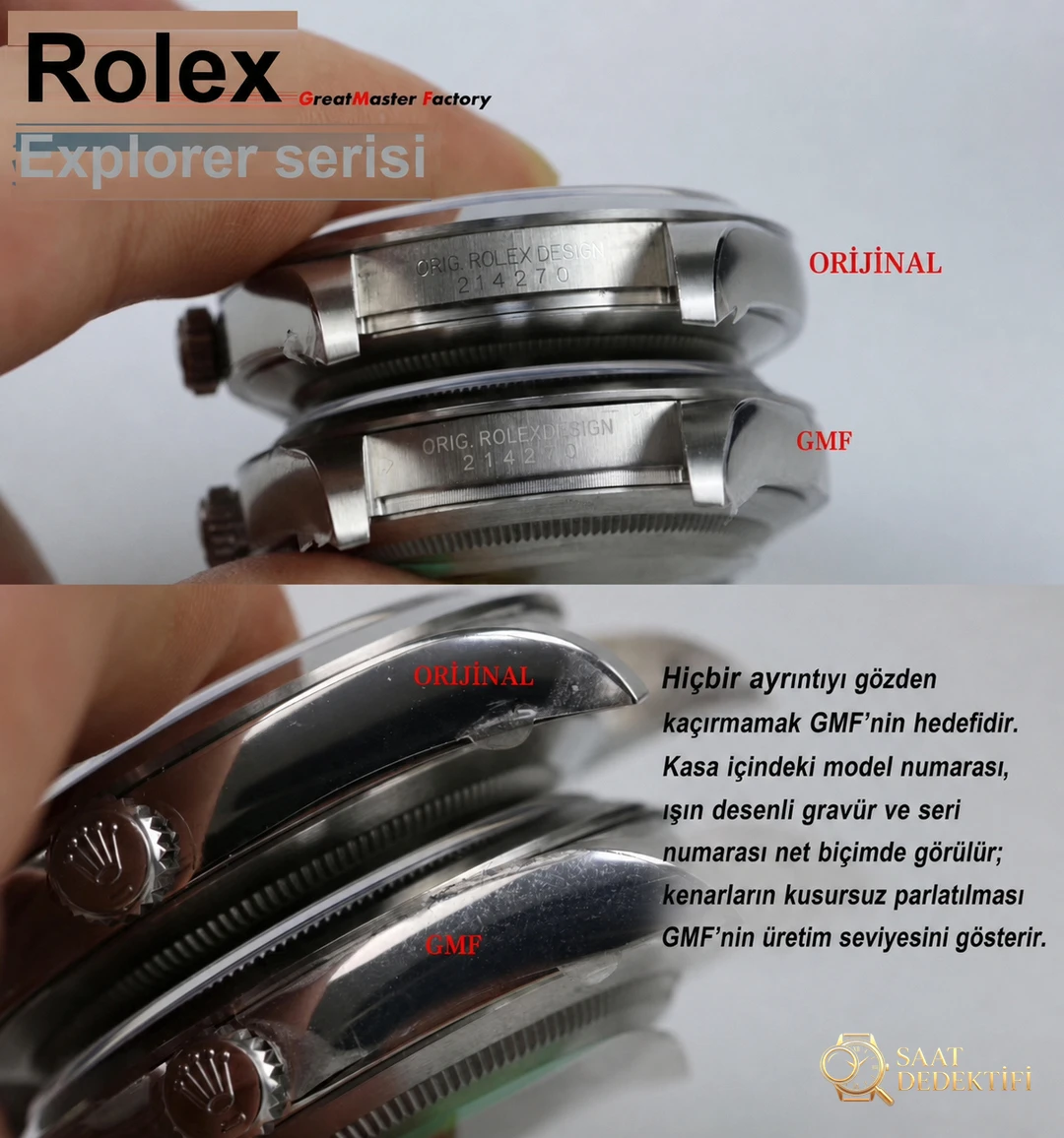 GM Factory Rolex Explorer serisi 39 mm gerçek-replika karşılaştırmalı incelemesi - Arka Kapak ve Mekanizma Detayı