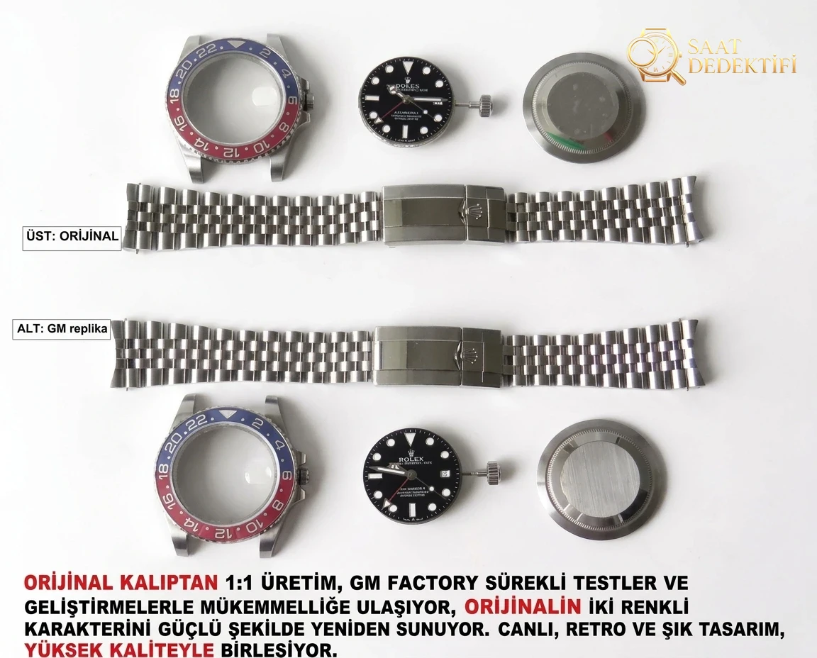 GM Factory Rolex GMT-Master 126710 kırmızı-mavi kola bezelli saat, orijinaliyle karşılaştırmada göz kamaştırıyor! - Kadran Detayı ve Bezel İşçiliği