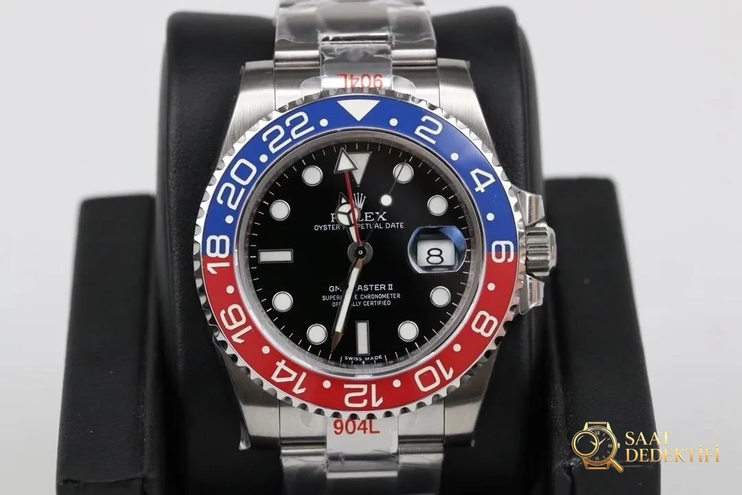 GM Factory Rolex GMT-Master II kırmızı-mavi Pepsi bezel 3186 mekanizma V2 nihai versiyon beş boncuklu üç dizili bilezikli replika saat - Kadran Detayı ve Bezel İşçiliği