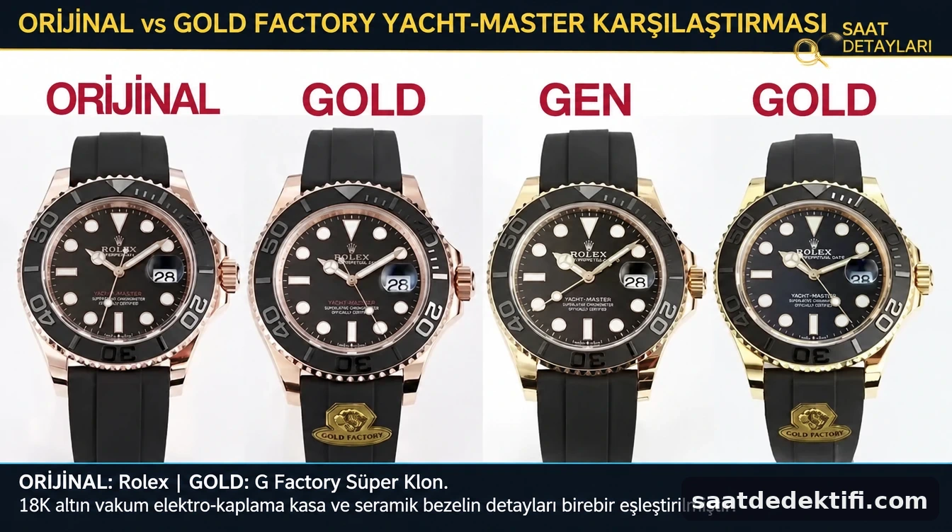 Orijinal Rolex Yacht-Master ile Gold Factory super clone Everose ve sarı altın modellerin yan yana karşılaştırması