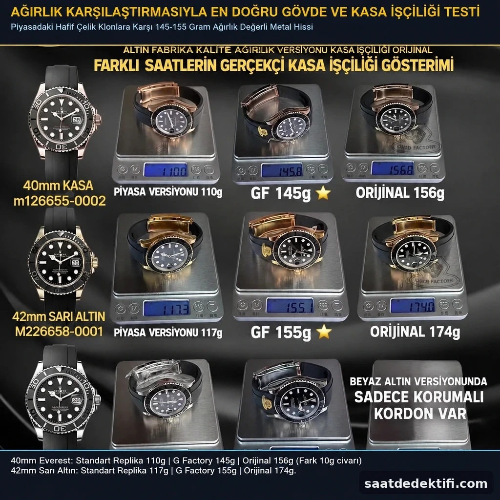 Gold Factory Yacht-Master ağırlandırılmış tungsten kasanın laboratuvar terazisindeki ölçüm karşılaştırması