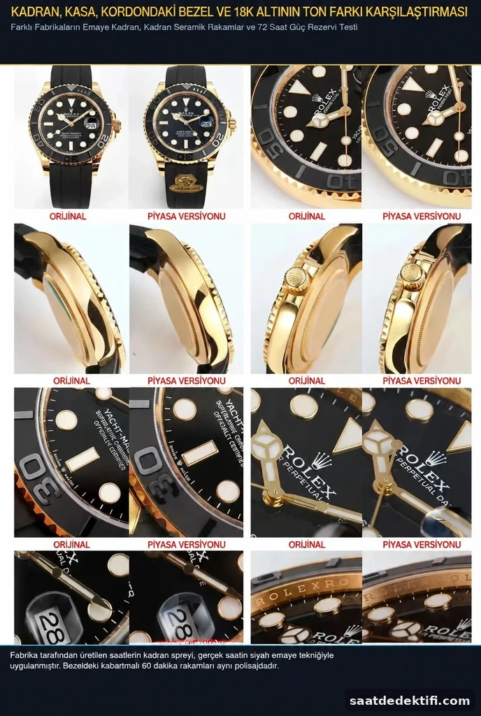 Gold Factory Rolex Yacht-Master siyah emaye kadran ve Cerachrom seramik bezel makro çekimi