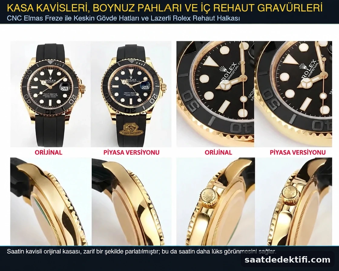 Gold Factory Rolex Yacht-Master kasa kavisleri, boynuz pah kırma ve rehaut gravürü detayı