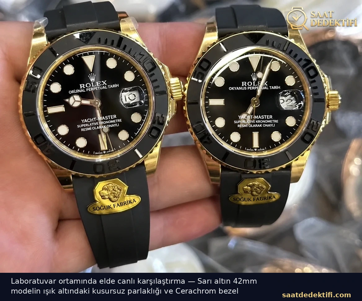 Gold Factory ile orijinal Rolex Yacht-Master 42 sarı altın modelin elde canlı karşılaştırması