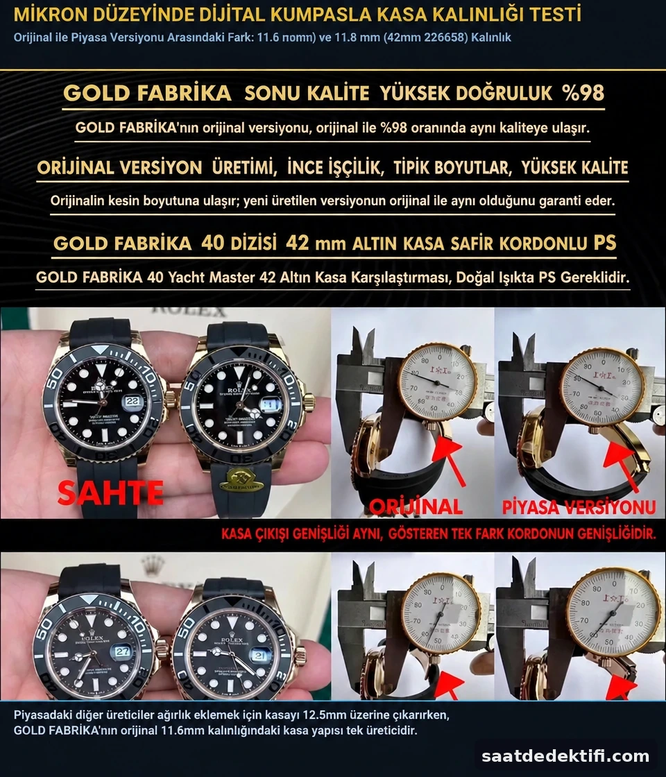 Dijital kumpasla Gold Factory Yacht-Master kasa kalınlığının 11.6 mm ölçülmesi
