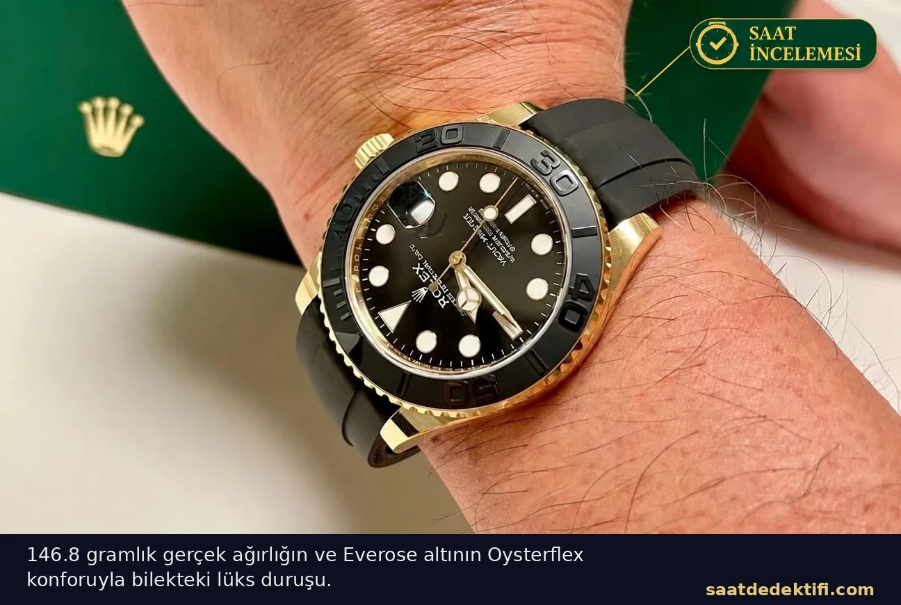 Gold Factory Rolex Yacht-Master Everose Gold modelin Oysterflex kordonla bilekte görünümü