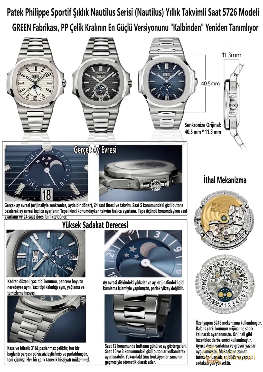Green Factory Patek Philippe Nautilus 5726 Jahreskalender- und Mondphasenuhr, weißes Zifferblatt – Zifferblattdetails und Lünettenverarbeitung