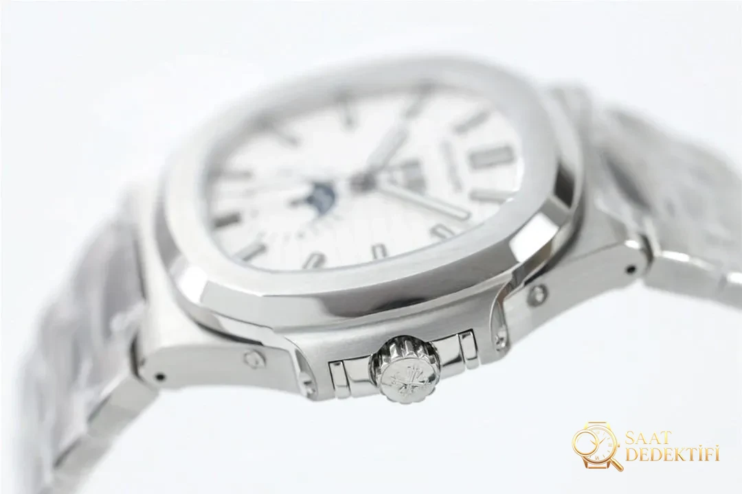 Green Factory Patek Philippe Nautilus 5726 Jahreskalender- und Mondphasenuhr, weißes Zifferblatt – Makro-Zifferblatt und Index-Verarbeitung