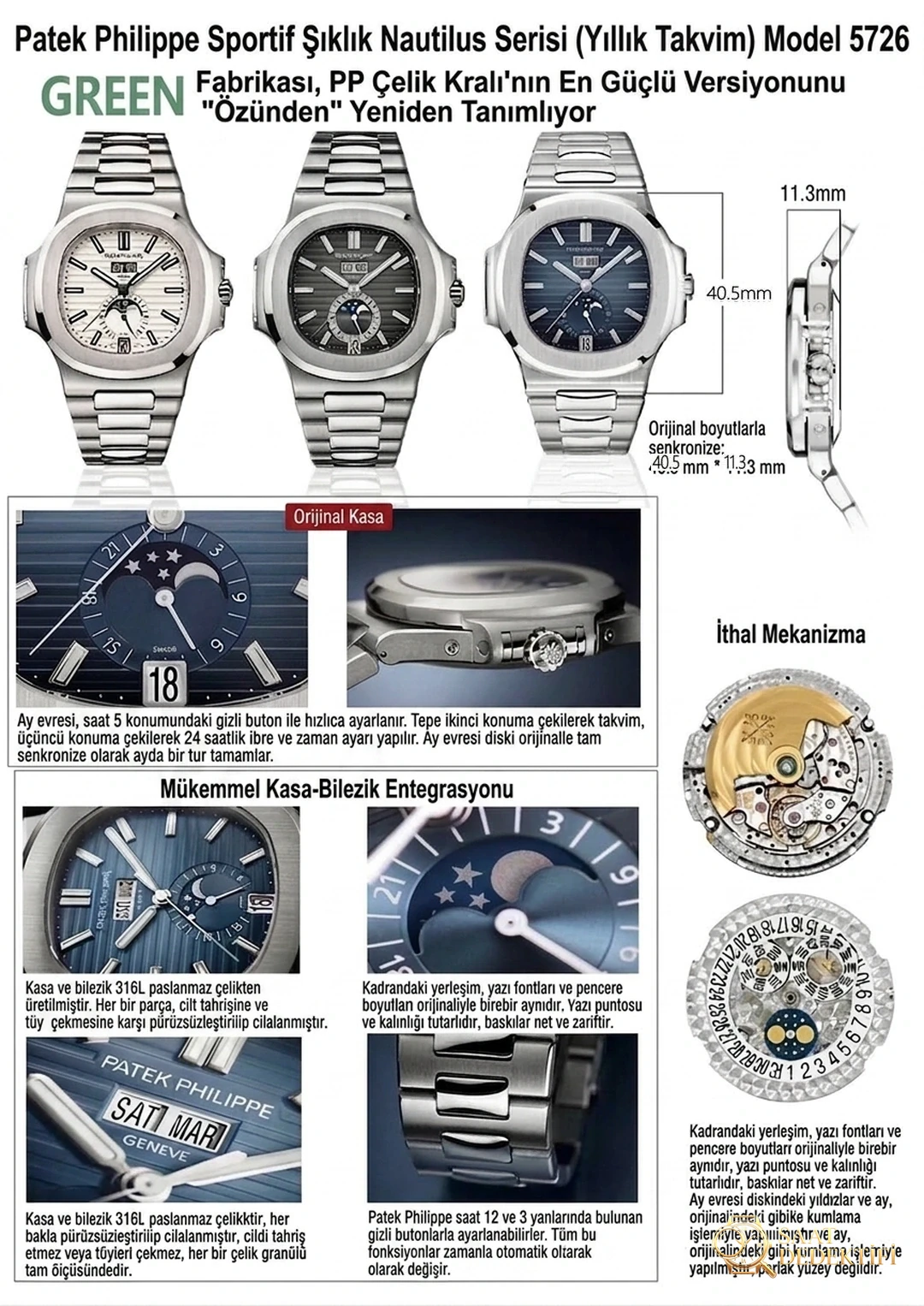 Montre à phases de lune Patek Philippe Nautilus 5726 de Green Factory avec calendrier annuel, cadran noir - Détail du cadran et finition de la lunette