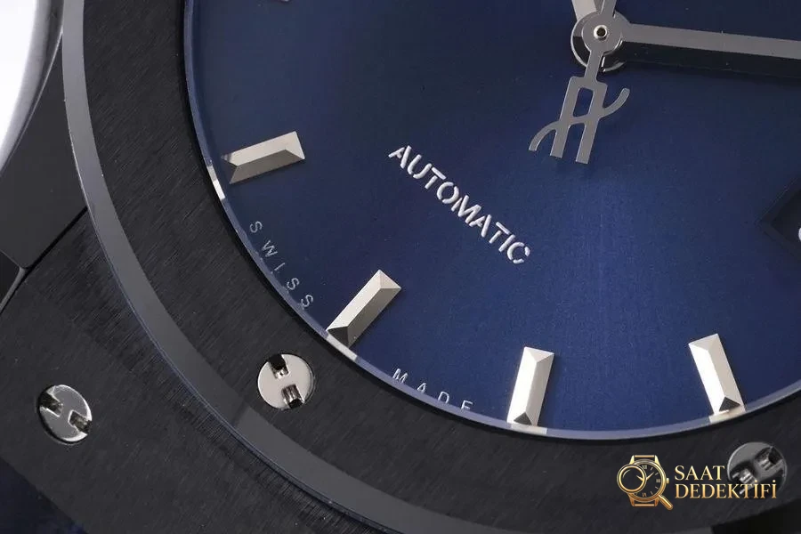 GS Factory Hublot Classic Fusion serisi (mavi kadran) seramik saat incelemesi - Makro Kadran ve İndeks İşçiliği