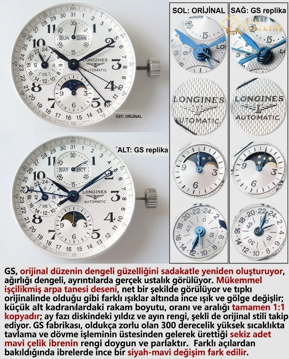 GS Factory Longines Master Collection ay evreli sekiz akrepli replika saat gerçek-replika karşılaştırması incelemesi - Fosfor ve Super-LumiNova Gece Görünümü