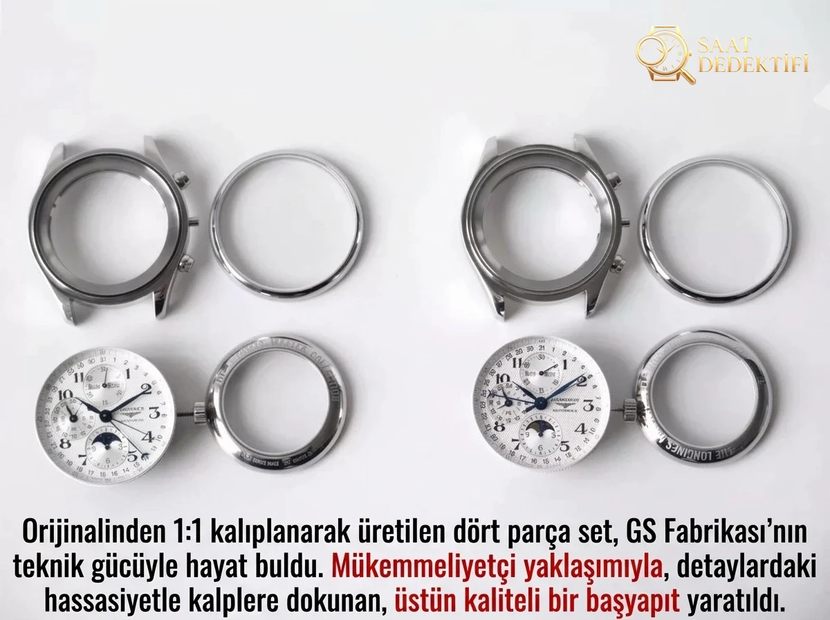 GS Factory Longines Master Collection ay evreli sekiz akrepli replika saat gerçek-replika karşılaştırması incelemesi - Arka Kapak ve Mekanizma Detayı