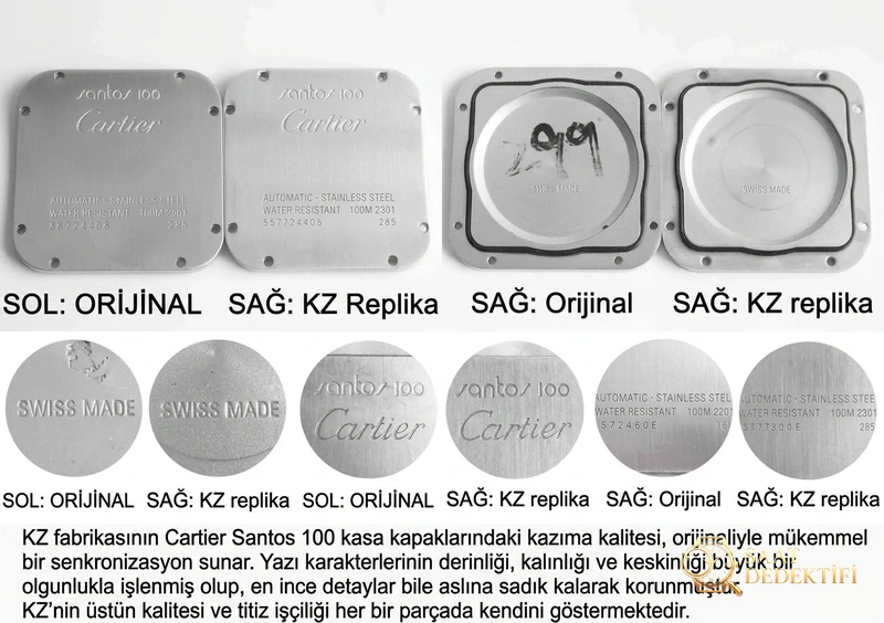 Hangi fabrika daha iyi? KZ Cartier Santos 100. Yıl replika saati gerçek-replika karşılaştırma incelemesi - Arka Kapak ve Mekanizma Detayı