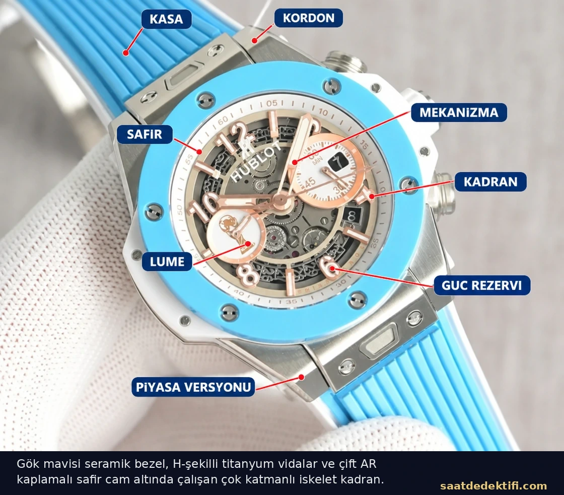 Gök mavisi seramik bezel, H şekilli titanyum vidalar ve çok katmanlı iskelet kadran