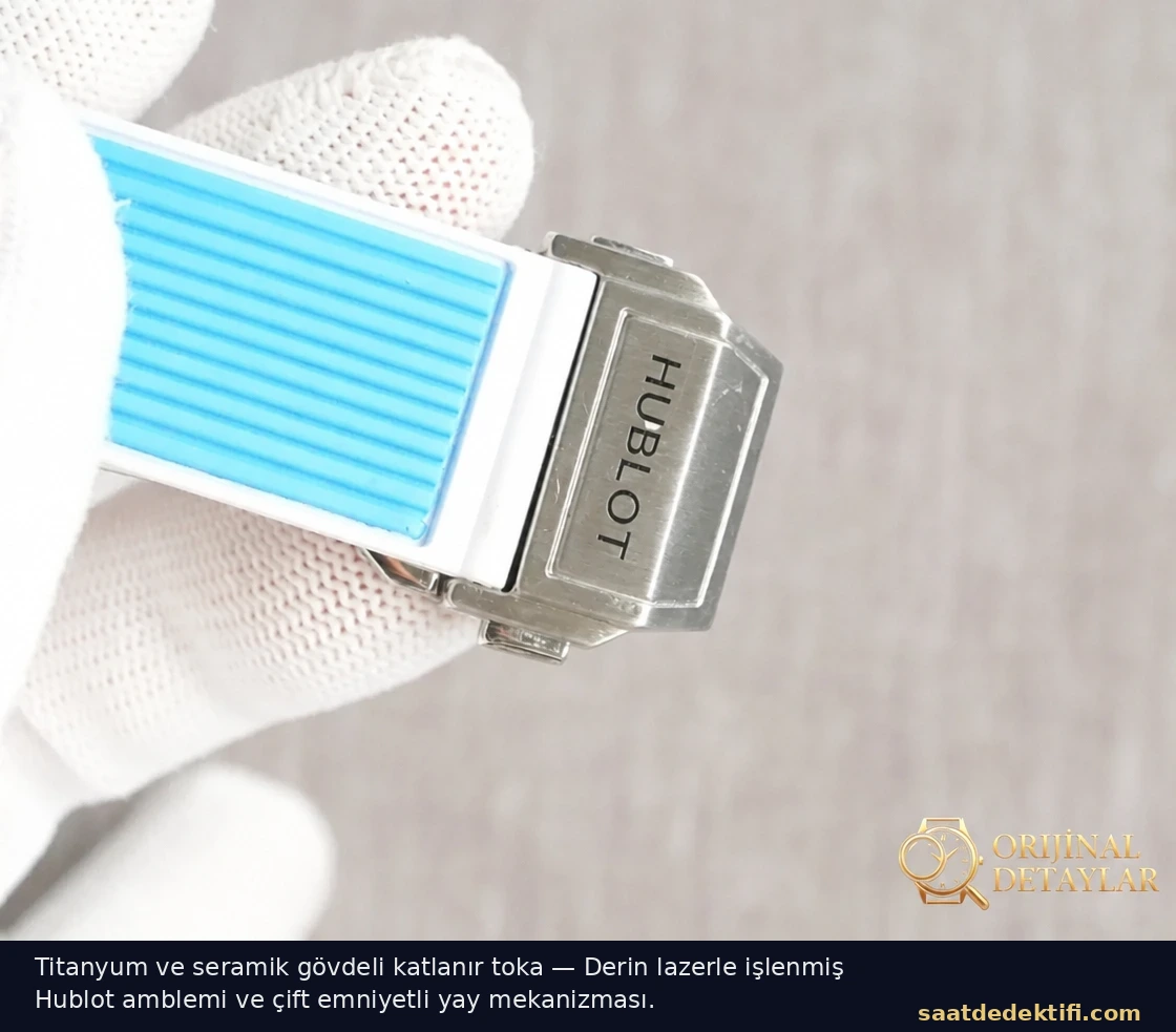 Titanyum ve seramik gövdeli katlanır toka, derin lazer gravürlü Hublot amblemi