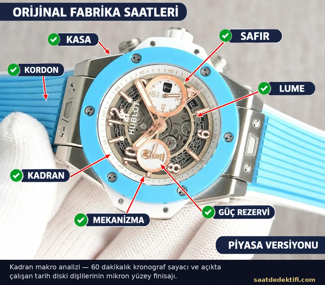 Kadran makro analizi, 60 dakikalık kronograf sayacı ve açıktaki tarih diski dişlileri