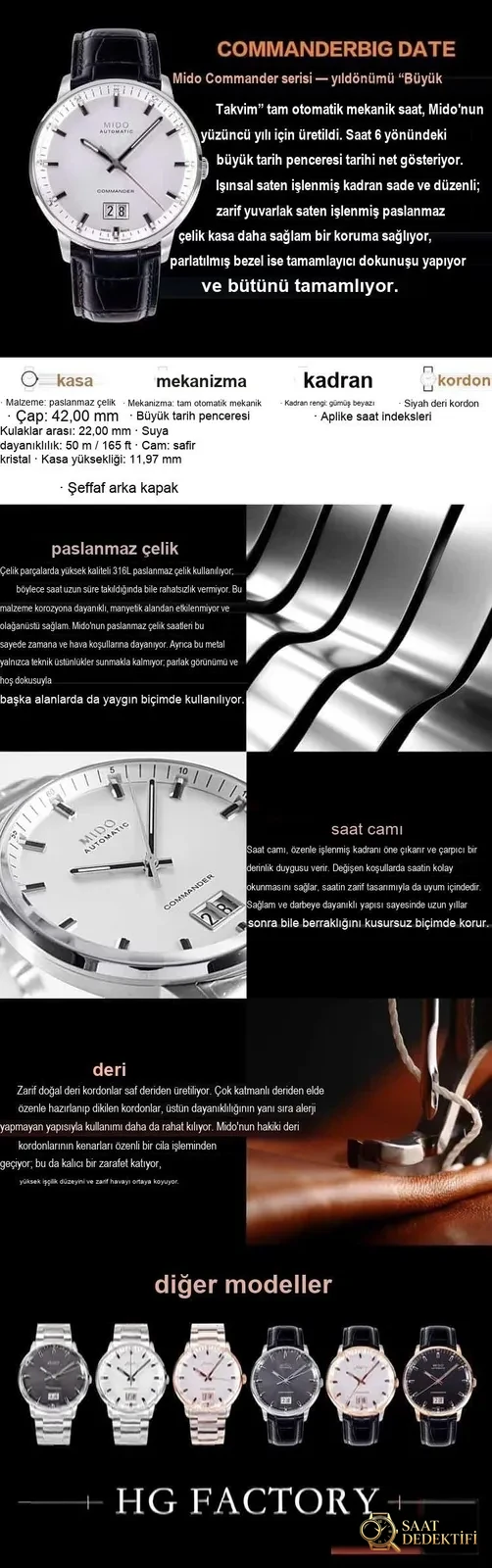 HG üretimi MIDO Commander (Multifort/Commander) serisi kol saati - Kadran Detayı ve Bezel İşçiliği