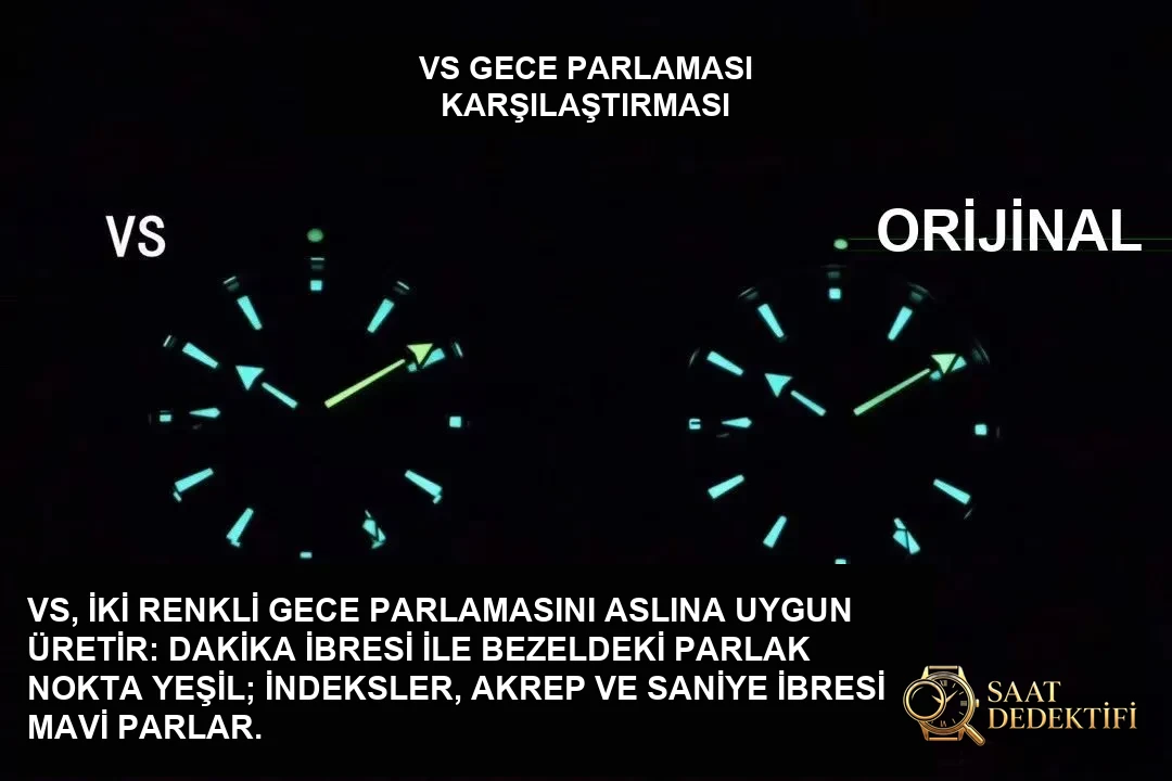 İç yapım 8605 mekanizması nasıl? VS Factory Omega Seamaster Planet Ocean 600M GMT mavi-turuncu bezel orta boy 43.5 mm replika saat — orijinalle karşılaştırmalı inceleme - Fosfor ve Super-LumiNova Gece Görünümü