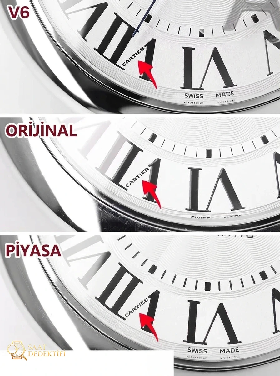 İlk gerçek-replika incelemesi: V6 Factory Cartier Ballon Bleu 42 mm V7 versiyonunun orijinal ve piyasa versiyonuyla karşılaştırması - Kadran Tipografisi ve Yazı Kabartmaları