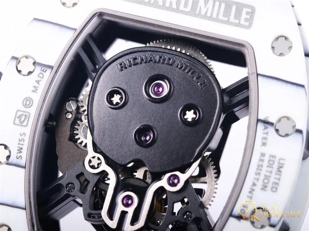 JB Factory Richard Mille RM52-01 echtes Tourbillon – weiße Verarbeitungsdetails – Mechanismus, Radanordnung und Steinlager