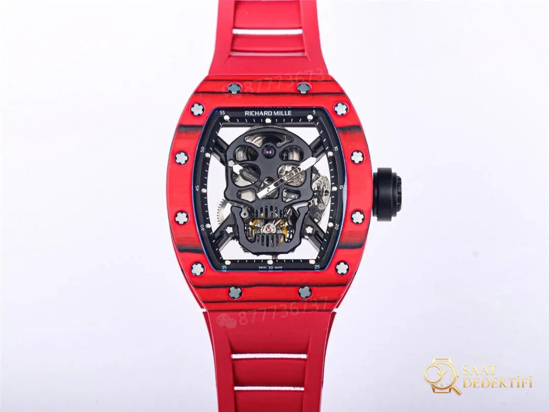 Tourbillon real JB Factory Richard Mille RM52-01 - toma real con detalle rojo - Perfil de la caja y revisión de la corona