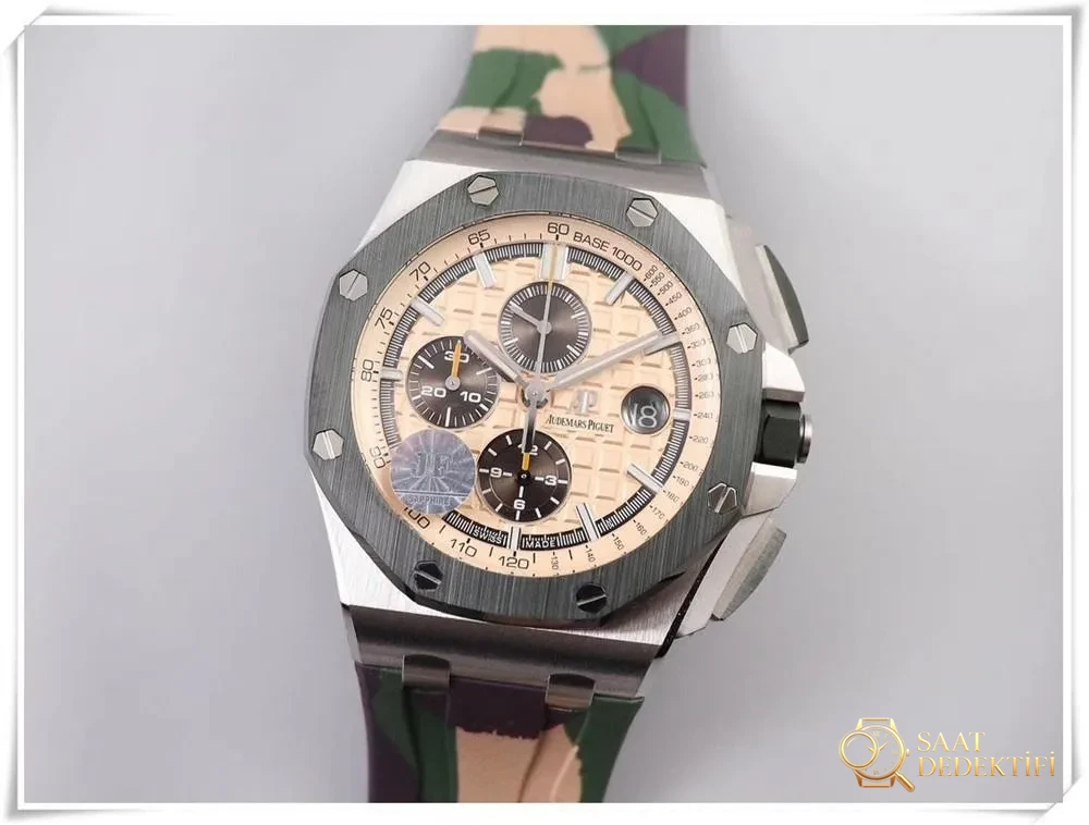 How close to the real thing is the JF Factory Audemars Piguet 26400 Royal Oak Offshore military green ceramic camouflage replica watch? - Dial Detail and Bezel Workmanship