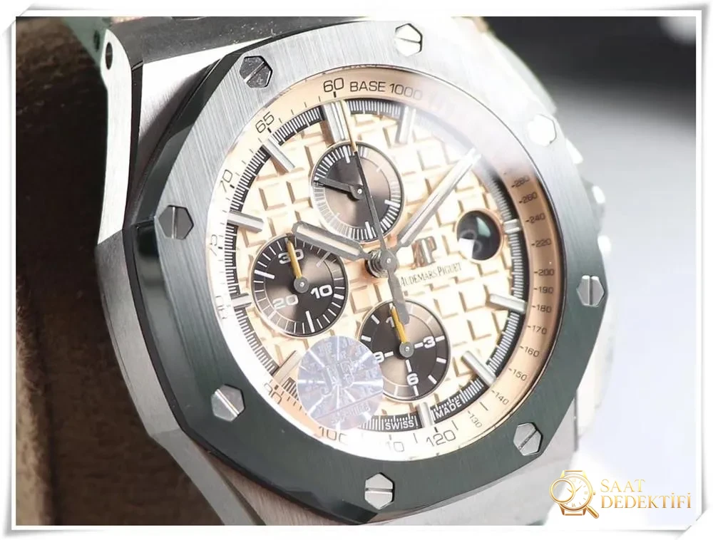 How close to the real thing is the JF Factory Audemars Piguet 26400 Royal Oak Offshore military green ceramic camouflage replica watch? - Case Profile and Crown Examination