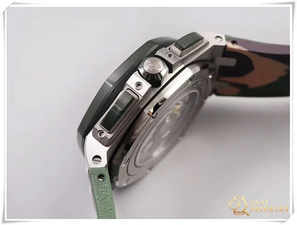How close to the real thing is the JF Factory Audemars Piguet 26400 Royal Oak Offshore military green ceramic camouflage replica watch? - Macro Dial and Index Workmanship