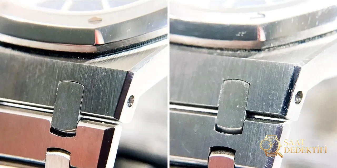 JF Factory Audemars Piguet ap15400 V5 versiyonu Royal Oak ile OM Factory karşılaştırması: hangi replika saat daha iyi yapılmış? - Kasa Profili ve Kurma Kolu İncelemesi