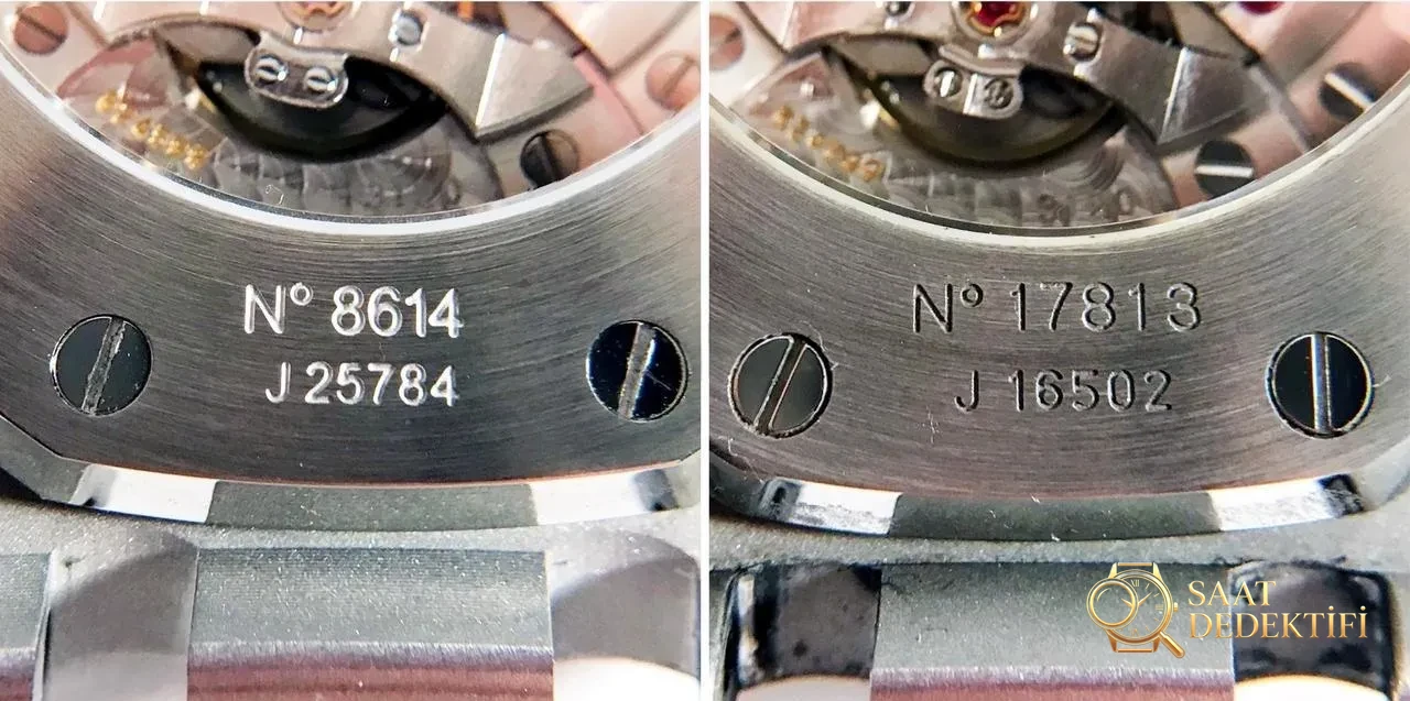 JF Factory Audemars Piguet ap15400 V5 versiyonu Royal Oak ile OM Factory karşılaştırması: hangi replika saat daha iyi yapılmış? - Arka Kapak Gravür ve Seri Numarası