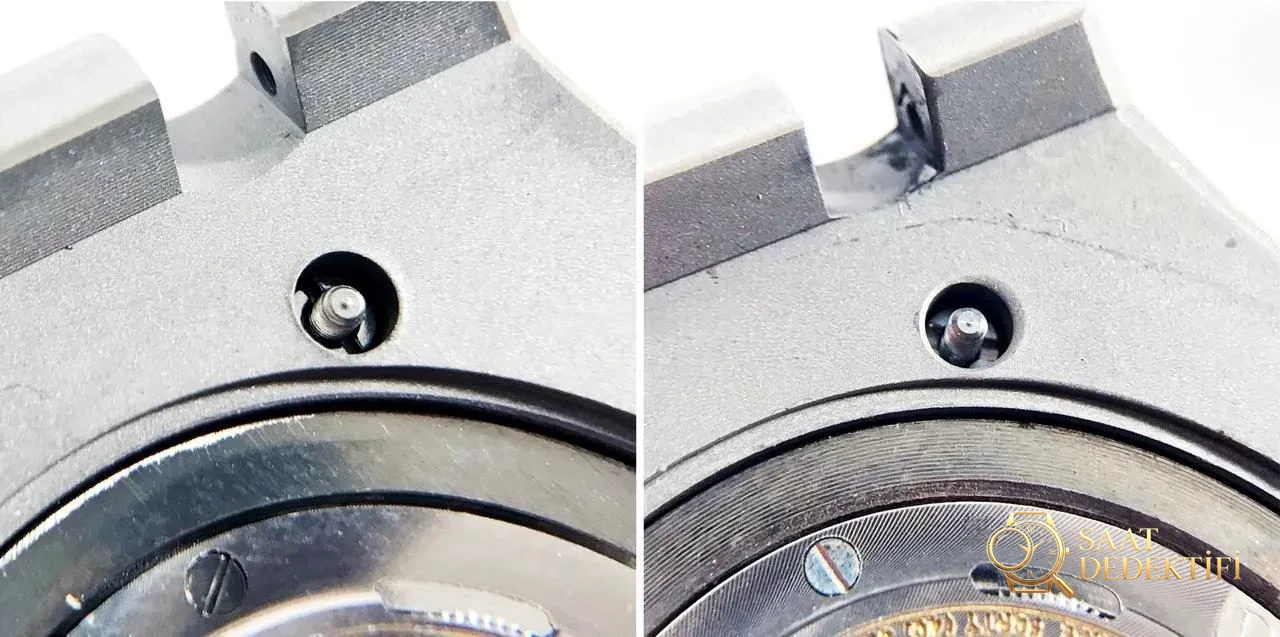 JF Factory Audemars Piguet ap15400 V5 versiyonu Royal Oak ile OM Factory karşılaştırması: hangi replika saat daha iyi yapılmış? - Tepe Kilit Mekanizması ve Conta Yapısı