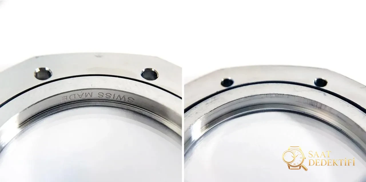 JF Factory Audemars Piguet ap15400 V5 versiyonu Royal Oak ile OM Factory karşılaştırması: hangi replika saat daha iyi yapılmış? - Bezel İçi Rehaut Gravürü ve Hizalaması