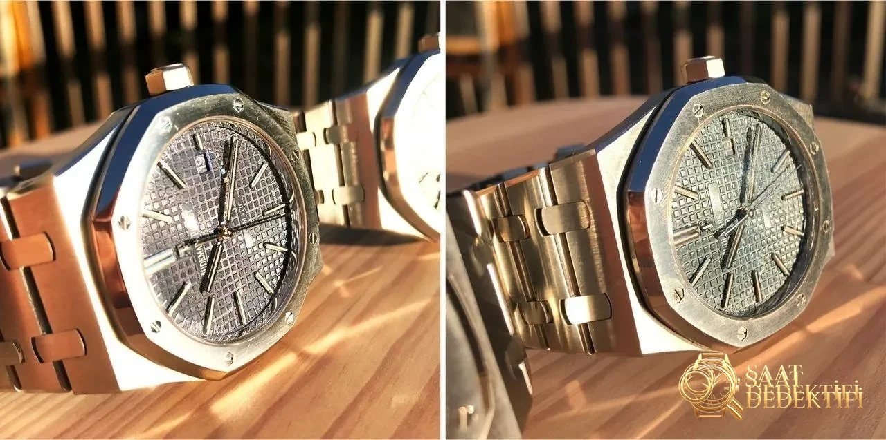 JF Factory Audemars Piguet ap15400 V5 versiyonu Royal Oak ile OM Factory karşılaştırması: hangi replika saat daha iyi yapılmış? - Kurma Kolu Yivleri ve Tutuş Dokusu