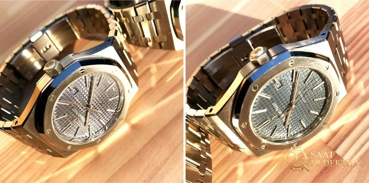 JF Factory Audemars Piguet ap15400 V5 versiyonu Royal Oak ile OM Factory karşılaştırması: hangi replika saat daha iyi yapılmış? - Arka Safir Cam Altında Kalibre Detayı