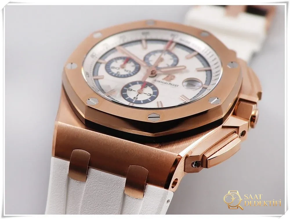 JF Factory V2 versiyonu Audemars Piguet 26408 Royal Oak Offshore, rose gold kasa ve beyaz kadran: işçilik gerçekten iyi mi? - Kasa Profili ve Kurma Kolu İncelemesi