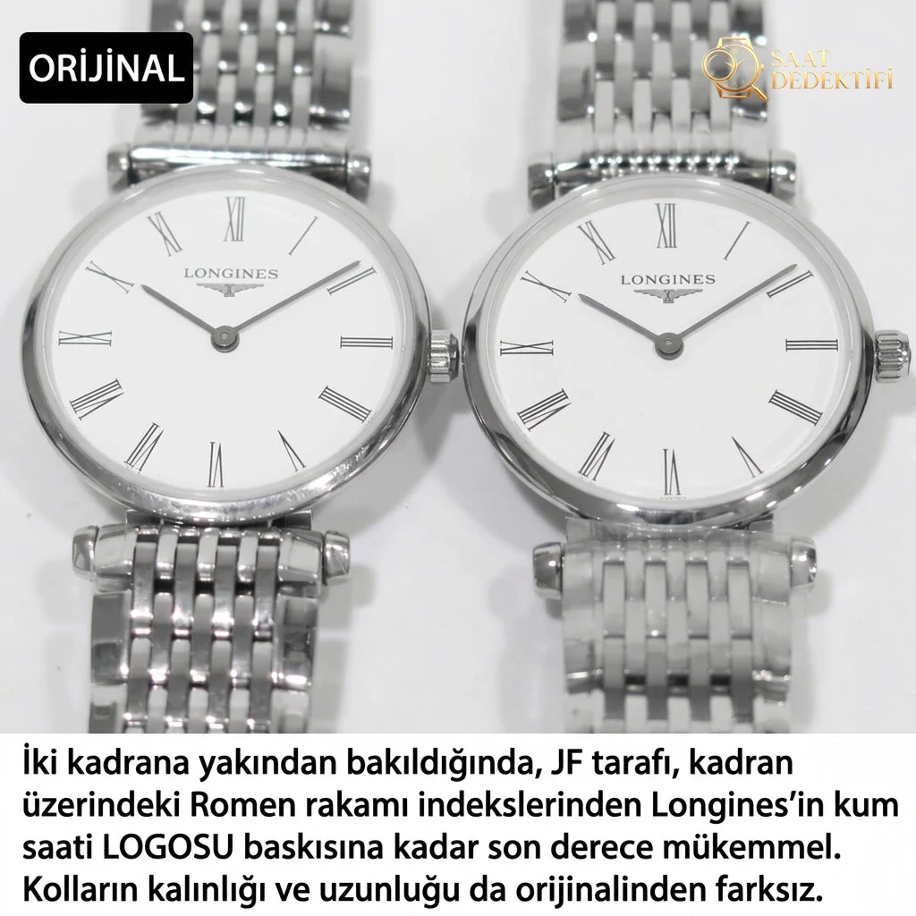 Kadın Longines Elegant serisinin orijinalle detaylı görünüm karşılaştırması - Kadran Detayı ve Bezel İşçiliği